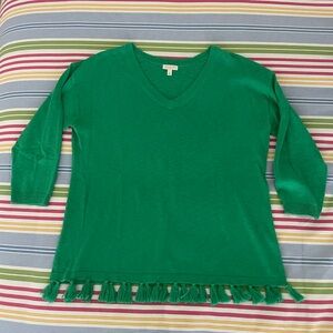 TALBOTS Green sweater w fringe detail Size Sp V-neck 3/4 sleeve cotton/acrylic